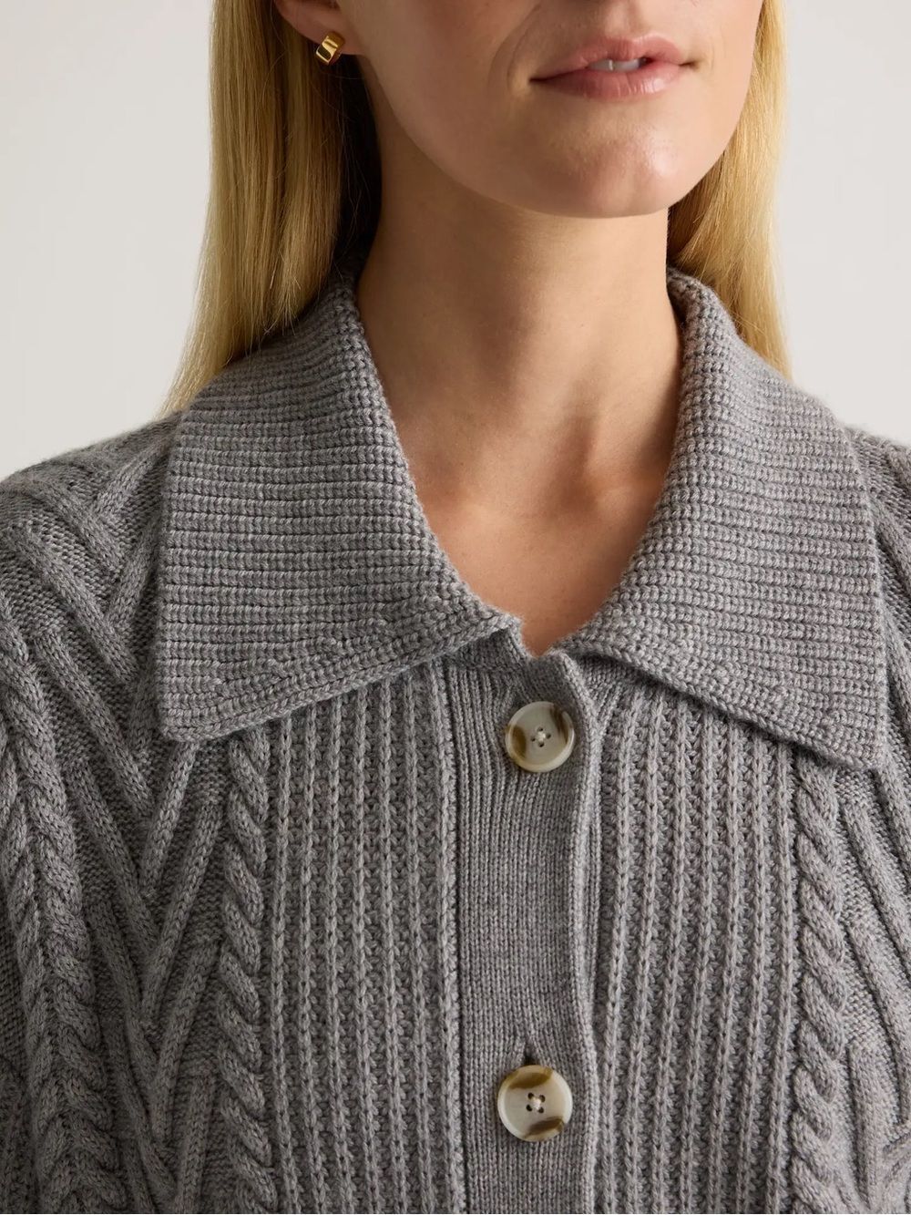 Quince Australian Merino Wool Collared Cable Cardigan Heather Grey XS - Picture 8 of 8